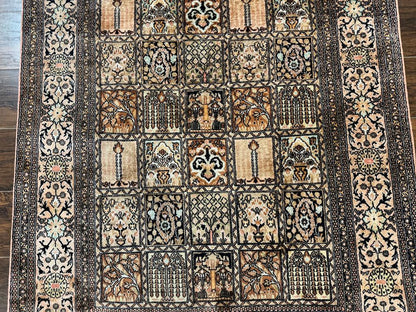 Indian Kashmiri Silk Rug 4x6, Panel Design, Multicolor, Fine
