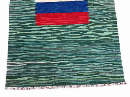 Kilim Area Rug Sea Green Handmade Wool Turkish Flatweave 5 Ft 6 In X 7 Ft 10 In