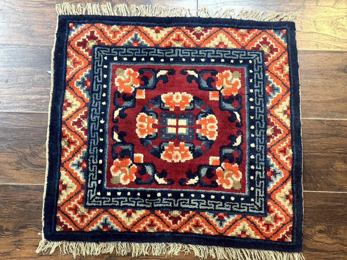 Small Antique Chinese Square Rug 2x3, Tibetan Rug, Red Orange Blue, 1920s Rug