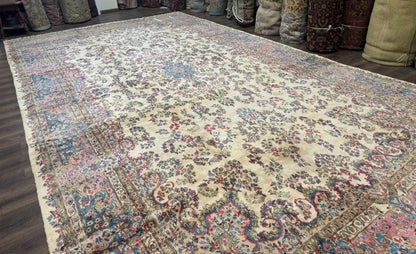 Palace Size Persian Kerman Rug 11x20 ft, Very Fine 340 KPSI, Vintage Oversized Wool Handmade Large Persian Carpet, Beige Light Blue Pink