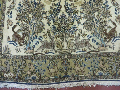 Handmade India Tree Of Life Rug Wool Silk 4x6 Oriental Pictorial Birds Deer Vintage 1960s