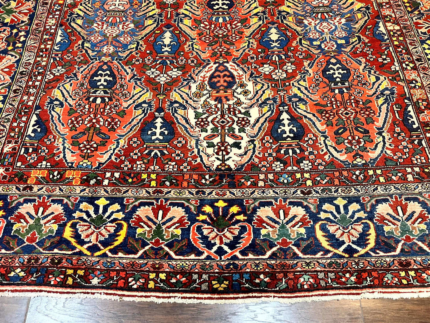 Large Persian Bakhtiari Rug 10x14, Rare Perisan Tribal Rug, Red Blue Ivory Multicolor, Hand Knotted, Semi Antique Carpet