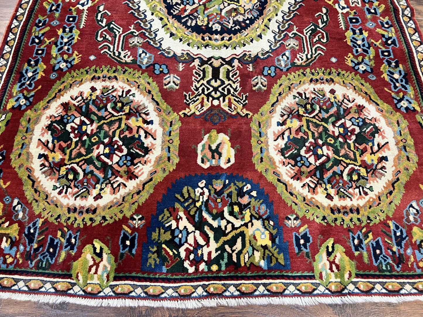 Persian Bakhtiari Rug 5x8, Wool Hand Knotted Antique Carpet, Red, Floral Oriental Rug, 5 x 8 Medium Sized Rug