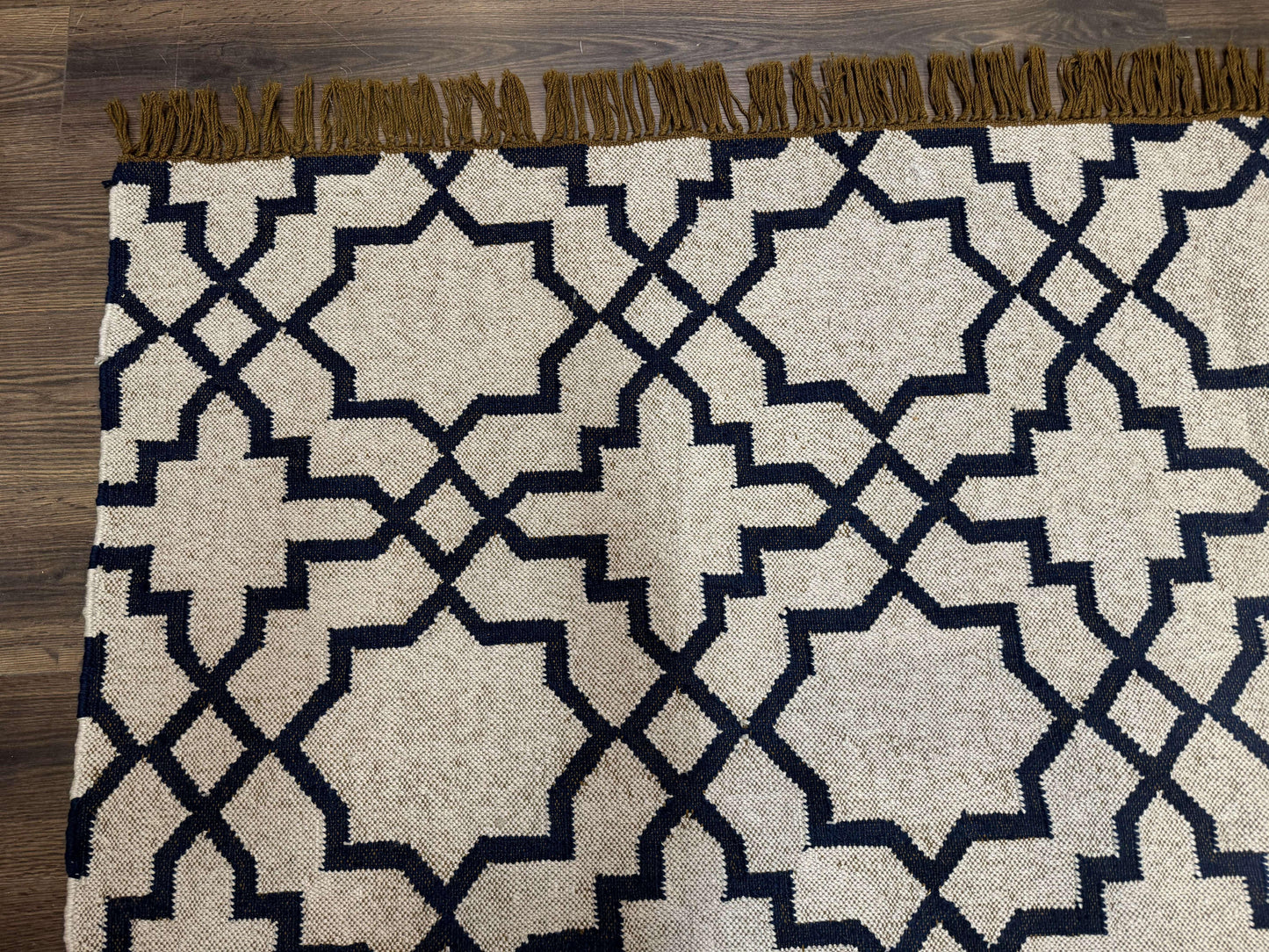 Indian Kilim Rug 8x10 Handwoven Wool Dhurrie Carpet Oat And Navy Blue