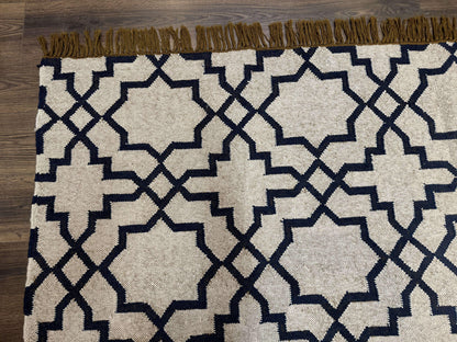 Indian Kilim Rug 8x10 Handwoven Wool Dhurrie Carpet Oat And Navy Blue