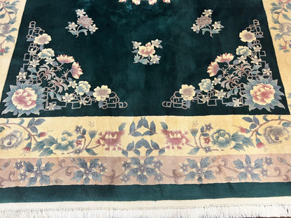Chinese Art Deco Wool Hand Knotted Rug 9x12 Vintage Carpet Dark Green Cream