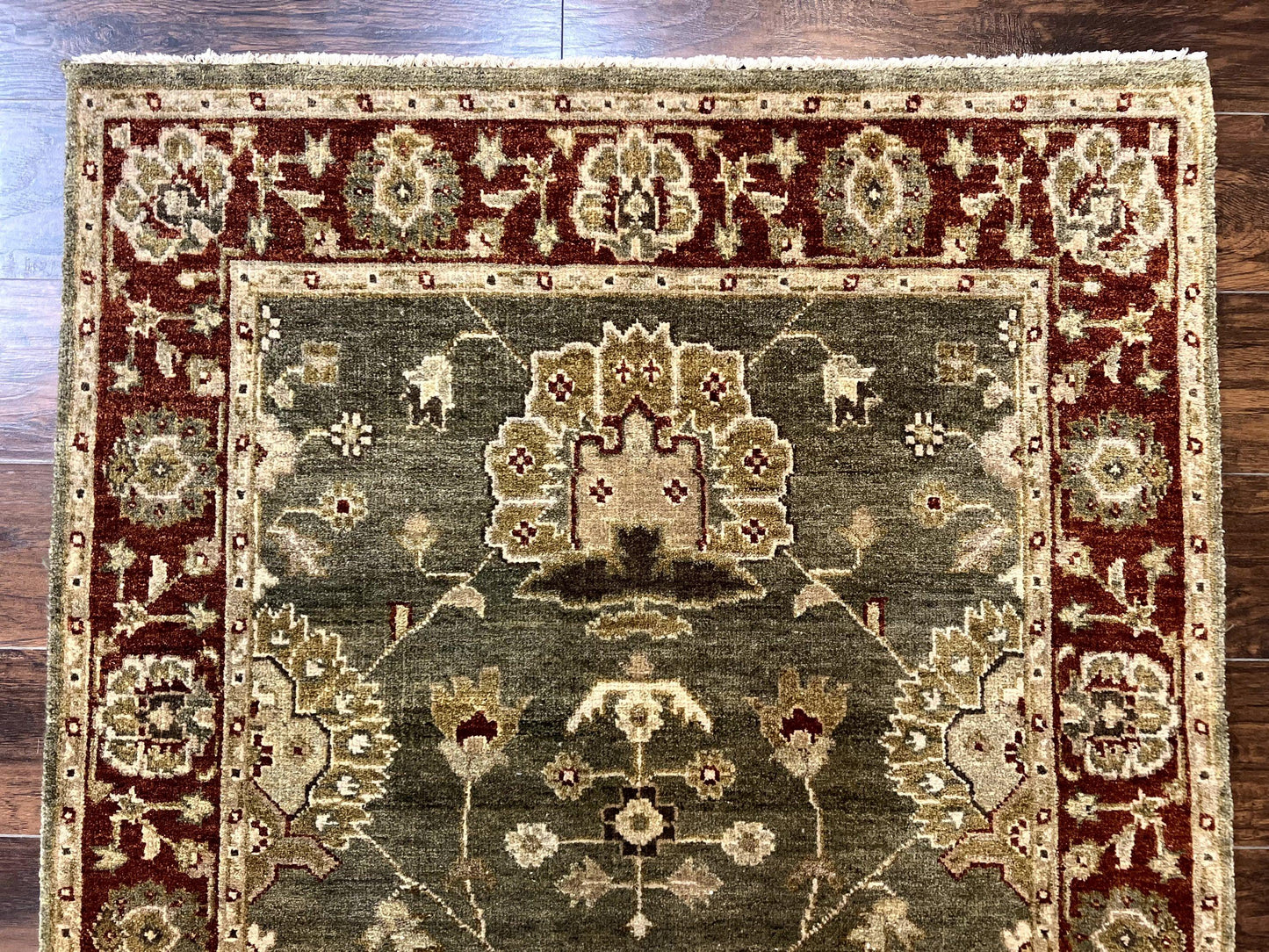 Indo Oushak Rug 4x6 Hand Knotted Wool Vintage Floral Green Maroon