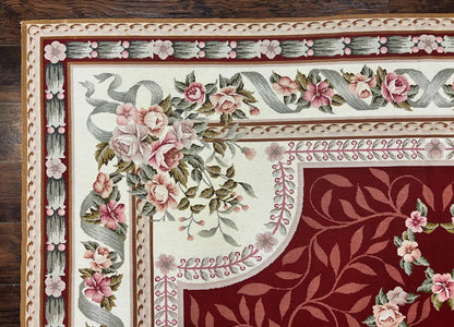 Aubusson Rug Handmade Vintage Needlepoint Carpet 9x12 Red Ivory Wool Elegant European Design