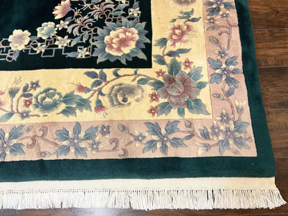 Chinese Art Deco Wool Hand Knotted Rug 9x12 Vintage Carpet Dark Green Cream