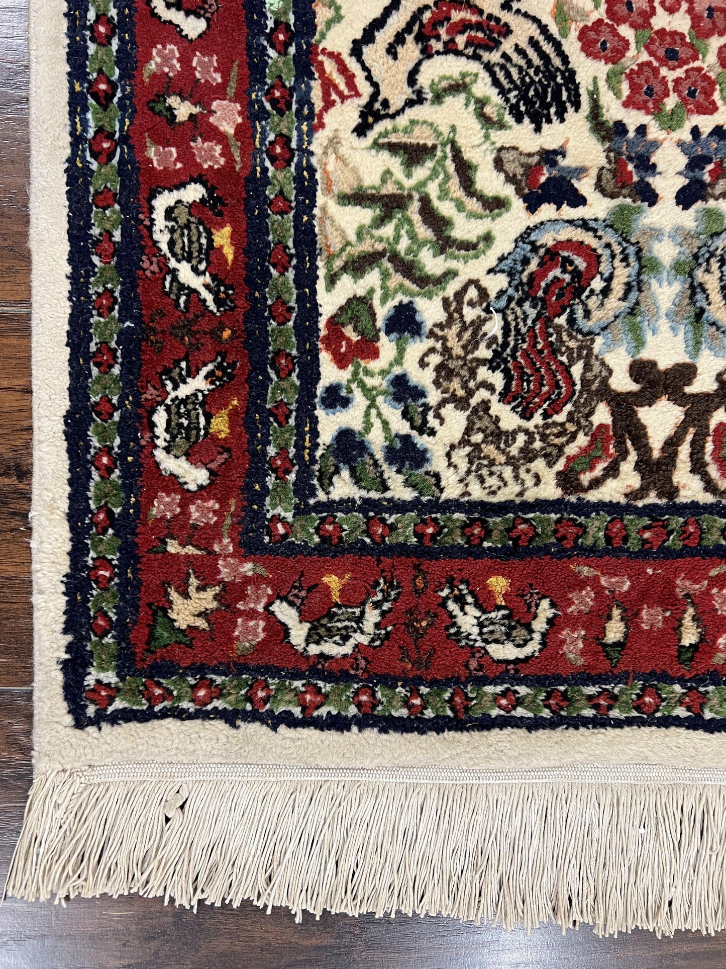 Small Indo Persian Rug 2x3 ft, Wool with Silk Highlights, Animal Pictorial Motifs Birds Vase Flowers, Cream and Maroon, Hand Knotted Fine