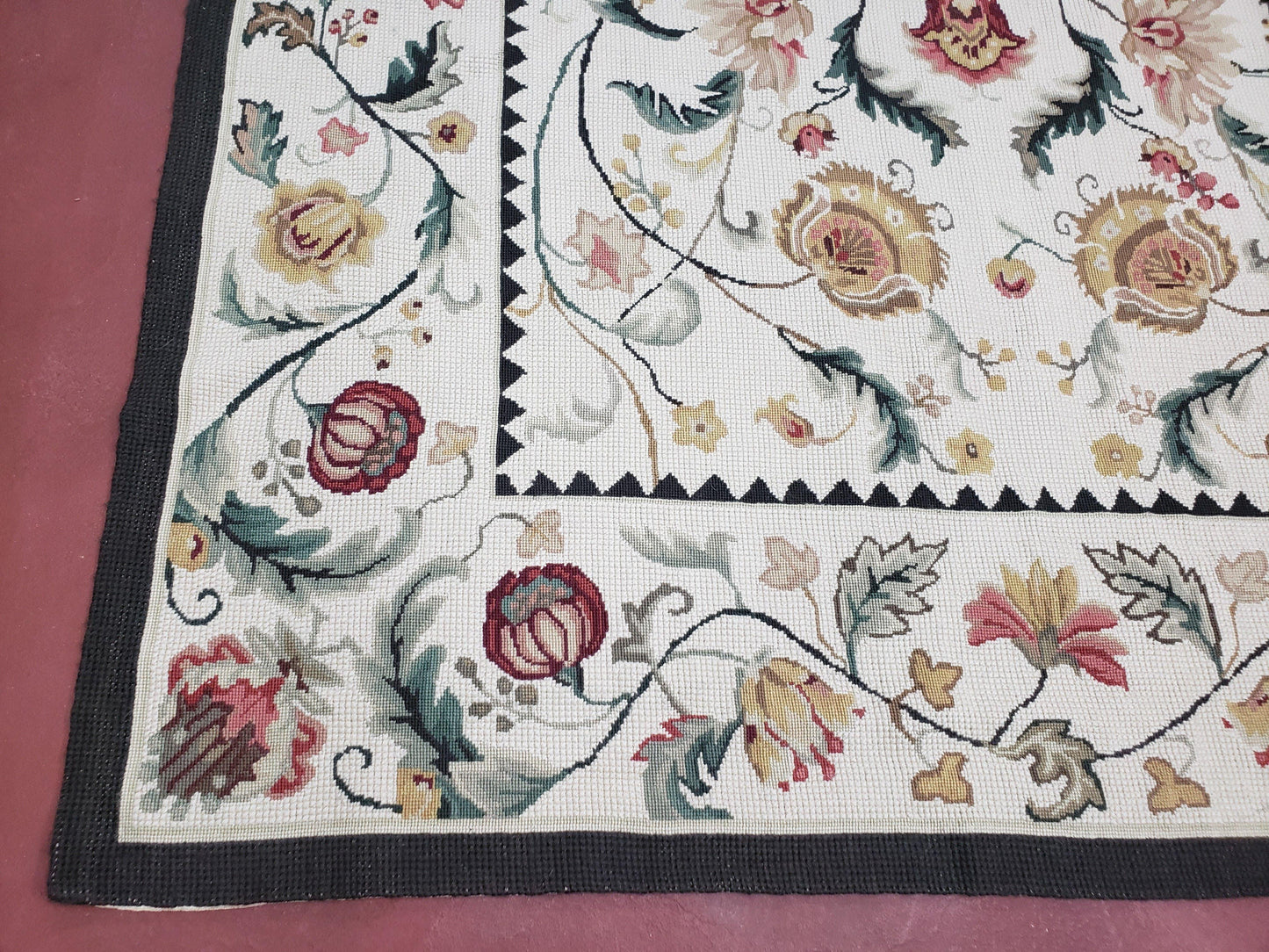 New Needlepoint Rug 9x12, Hand Woven Wool Area Rug, Flatweave Carpet, Handmade Chinese Needlepoint, Floral European Design, Ivory Background