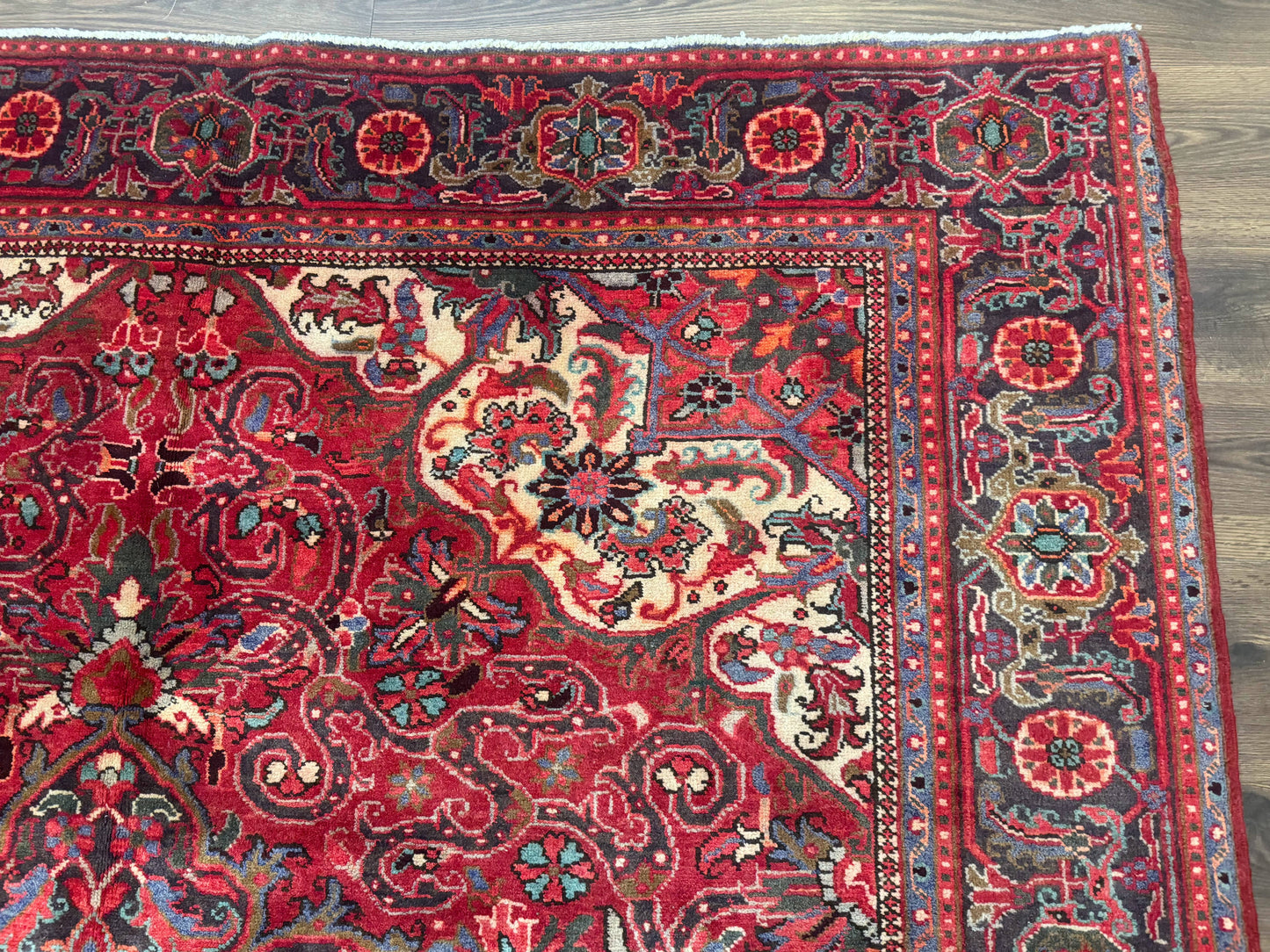 Persian Heriz Rug 7x10 Vintage Wool Carpet Red Navy Geometric Medallion