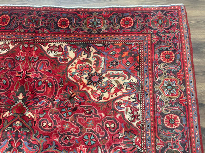 Persian Heriz Rug 7x10 Vintage Wool Carpet Red Navy Geometric Medallion