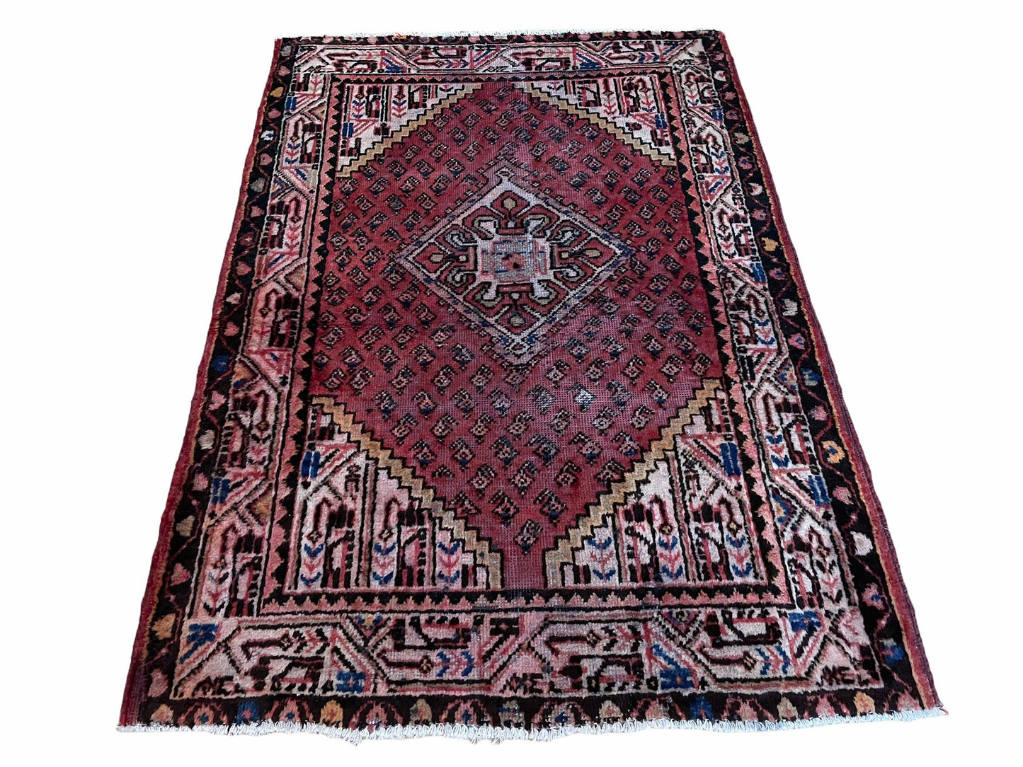 Antique Hand Knotted Wool Rug 4x6 With Organic Dyes Red Ivory Tribal Boho