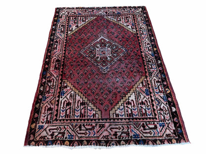 Antique Hand Knotted Wool Rug 4x6 With Organic Dyes Red Ivory Tribal Boho