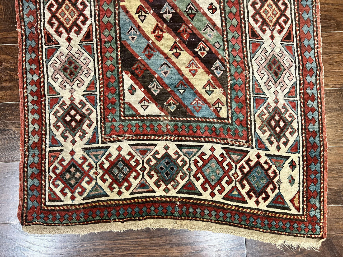 Caucasian Kazak Runner Rug 3.6 x 8, Wool Hand Knotted Antique 1880s Carpet, Ivory & Multicolor Stripes Oriental Runner Rug, Hallway Rug