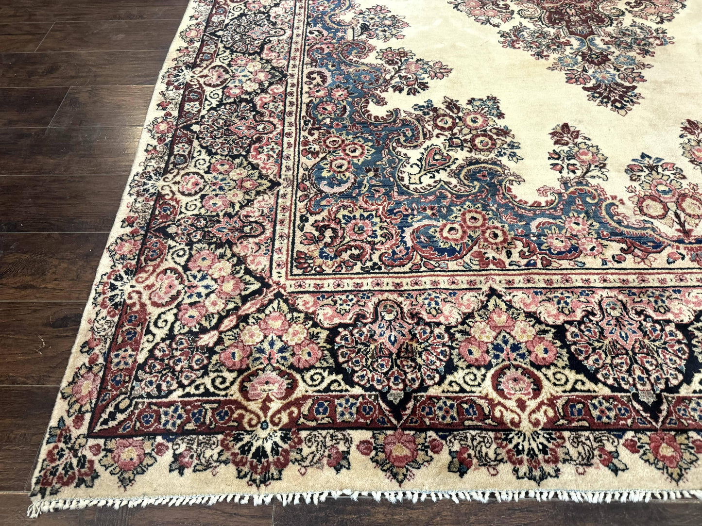 Persian Sarouk Rug 9x12 Ivory and Blue Hand Knotted Antique 1920s Semi Open Field Medallion