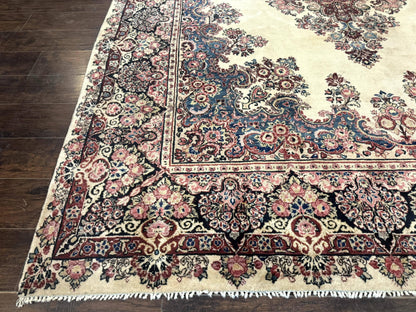 Persian Sarouk Rug 9x12 Ivory and Blue Hand Knotted Antique 1920s Semi Open Field Medallion
