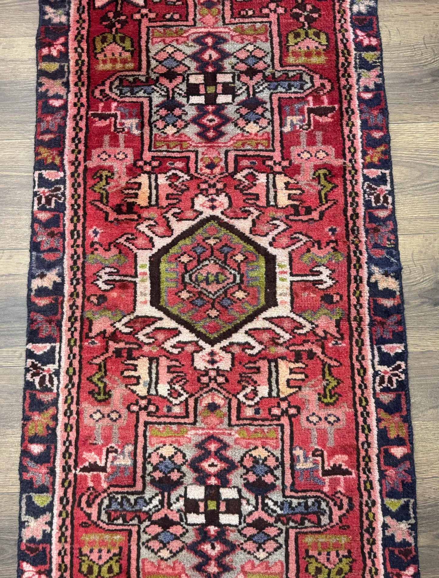 Persian Heriz Karajeh Runner Rug 2x9, Geometric Medallions, Red Navy Blue, 2 x 9 Rug for Hallway
