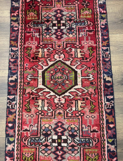 Persian Heriz Karajeh Runner Rug 2x9, Geometric Medallions, Red Navy Blue, 2 x 9 Rug for Hallway
