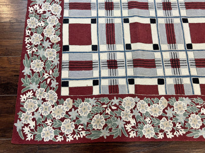 Indian Hand Stitched Rug 4x6, Vintage Carpet, Checkerboard Floral Pattern, Maroon Ivory, Flatweave, Wool