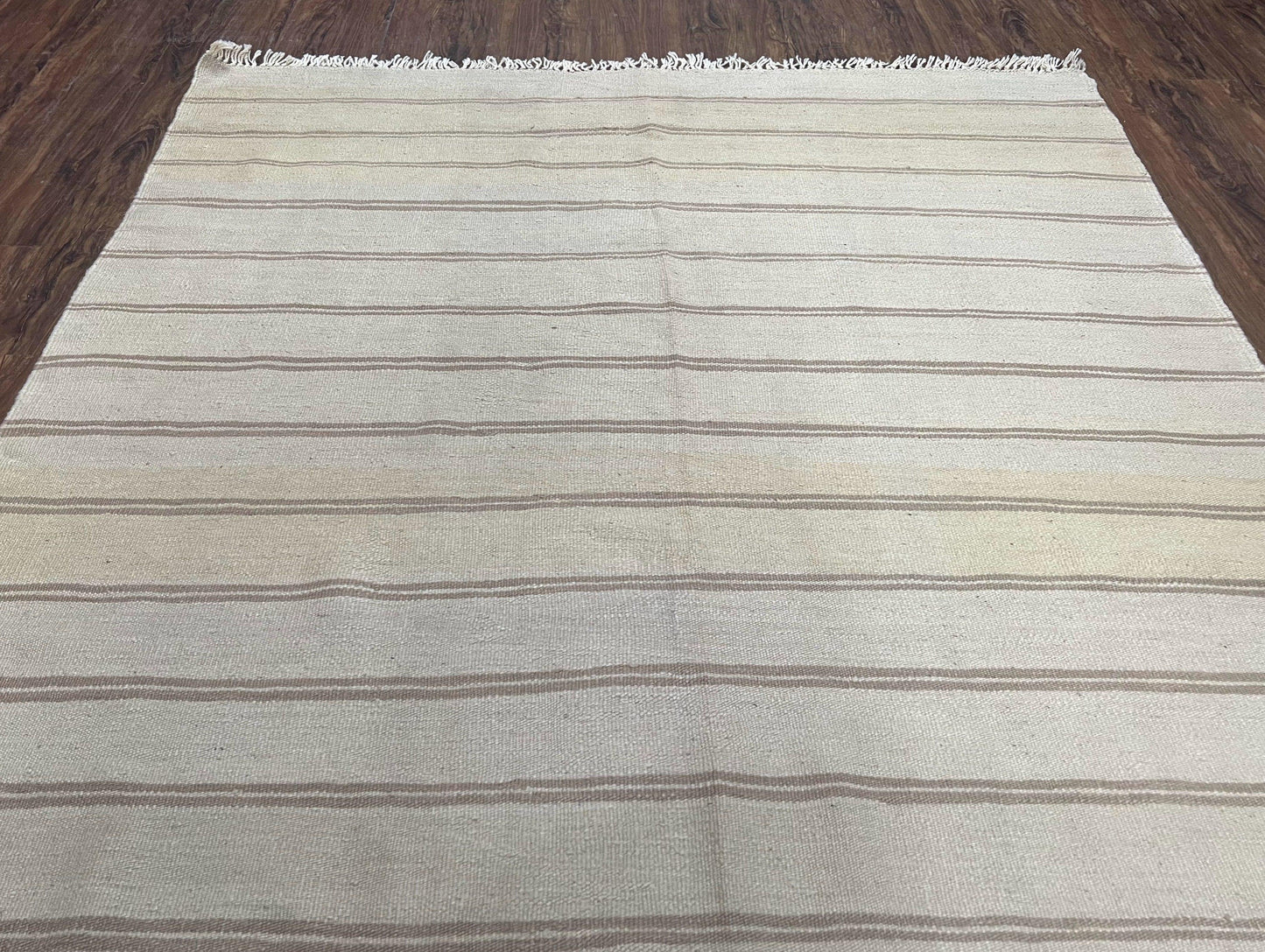 New Turkish Kilim Rug 5x8 Flatweave Wool Carpet Hand Woven Bohemian Contemporary Striped Gray Taupe