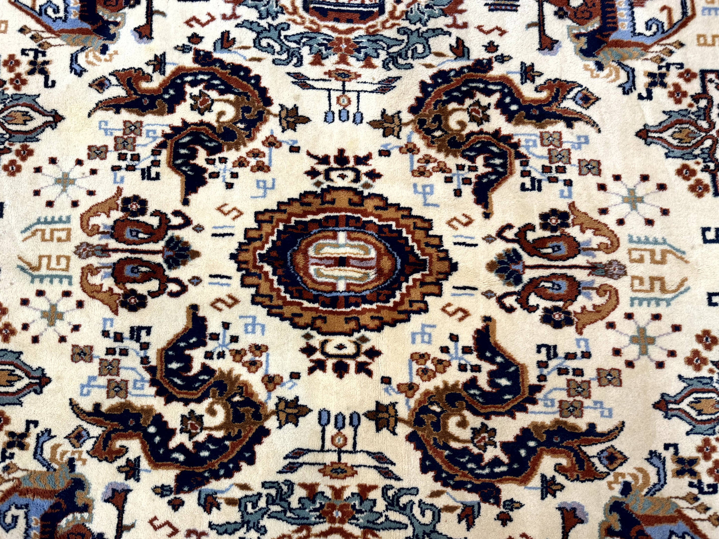 Indo Chinese Wool Rug 9x12 Ivory And Rust Red Dragon Motifs Hand Knotted