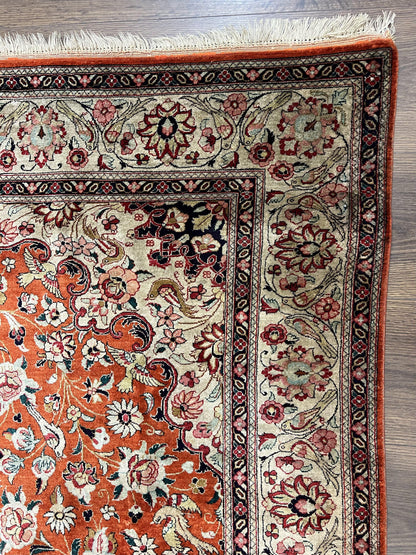 Persian Qum Silk Rug 5x7 Floral Medallion Birds Orange Red Hand Knotted