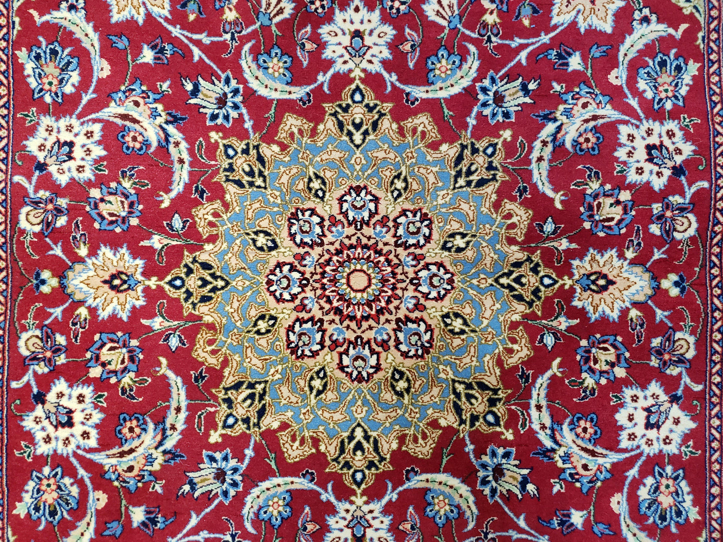 Semi Antique Persian Isfahan Rug, Kork Wool on Silk Foundation, Red & Blue, Top Quality, 3'6" x 5' 6"