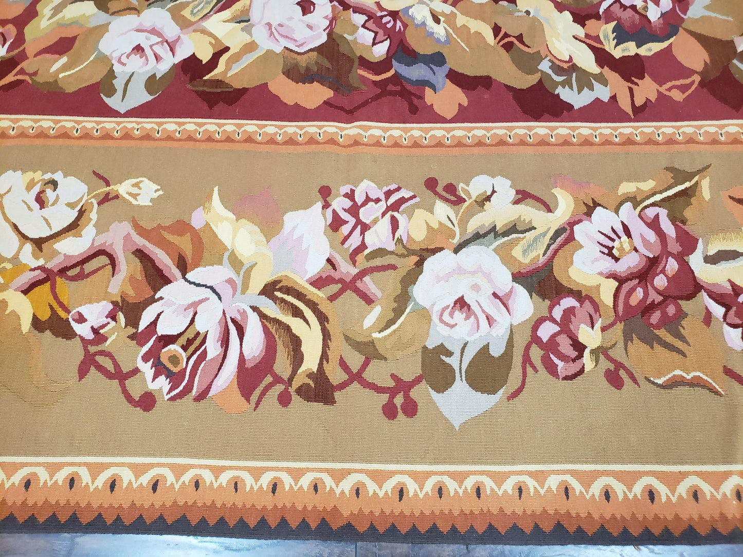 Vintage Chinese Aubusson Savonnerie Flat Pile Rug 9.9 x 14.5 Wool Handwoven Red & Khaki Large Flowers Rug 9x14 - 10x15 Michaelian Kolhberg