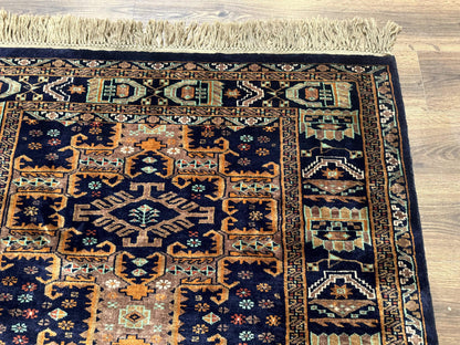 Vintage Afghan Rug 4x6, Navy Blue and Light Brown, Geometric Medallions, Wool on Wool, Tribal Rug