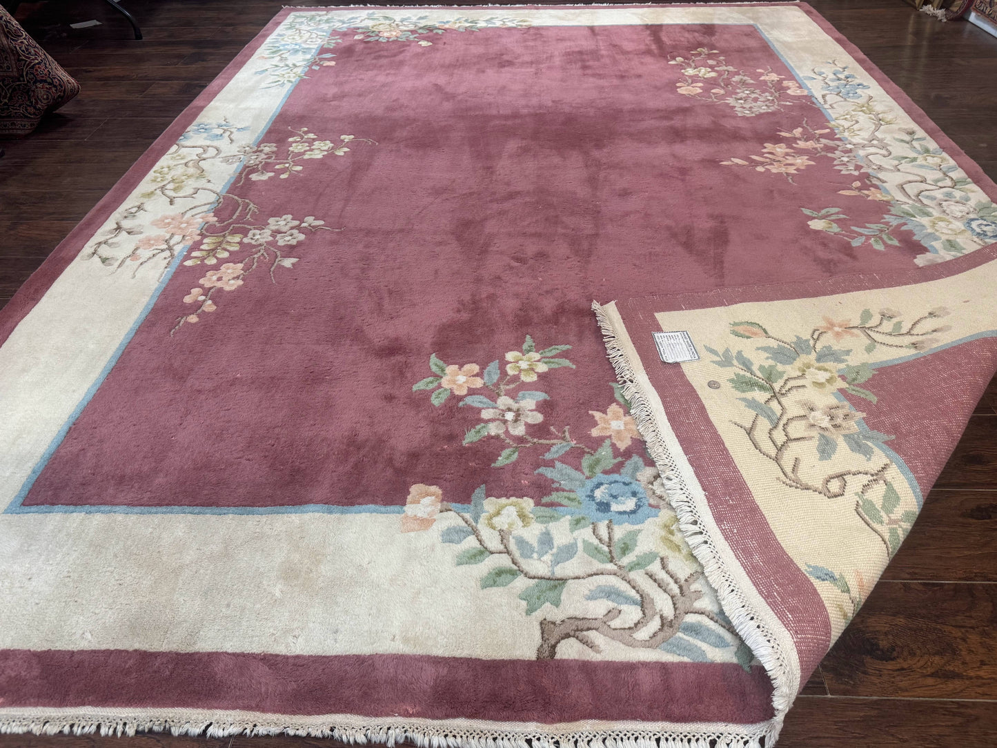 Indo Chinese Art Deco Rug 9x12, Pink and Ivory, Open Filed, Floral, Wool