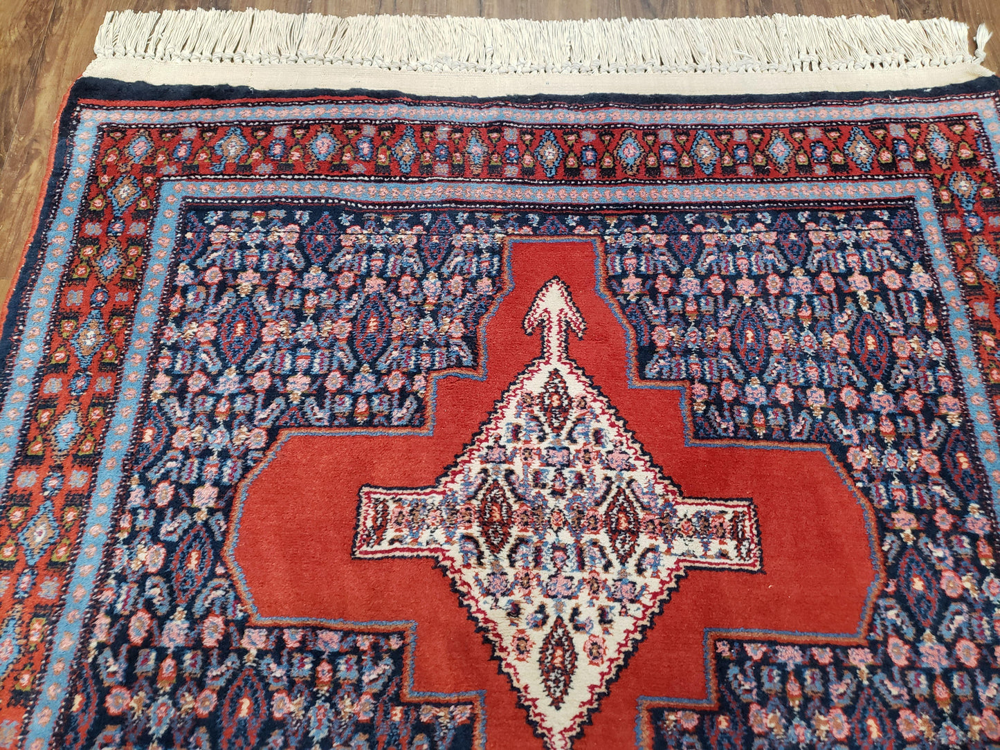 Senneh Wool Area Rug 4x6 Handmade Kurdish Carpet Vegetable Dyes Red Blue