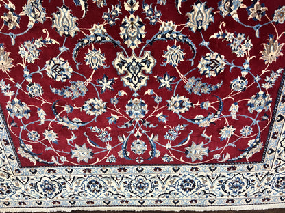 Persian Nain Rug 6x10, Wool and Silk Highlights, Red and Ivory, Floral Medallion, Vintage Handmade Hand Knotted, Fine 225 KPSI, Traditional Rug