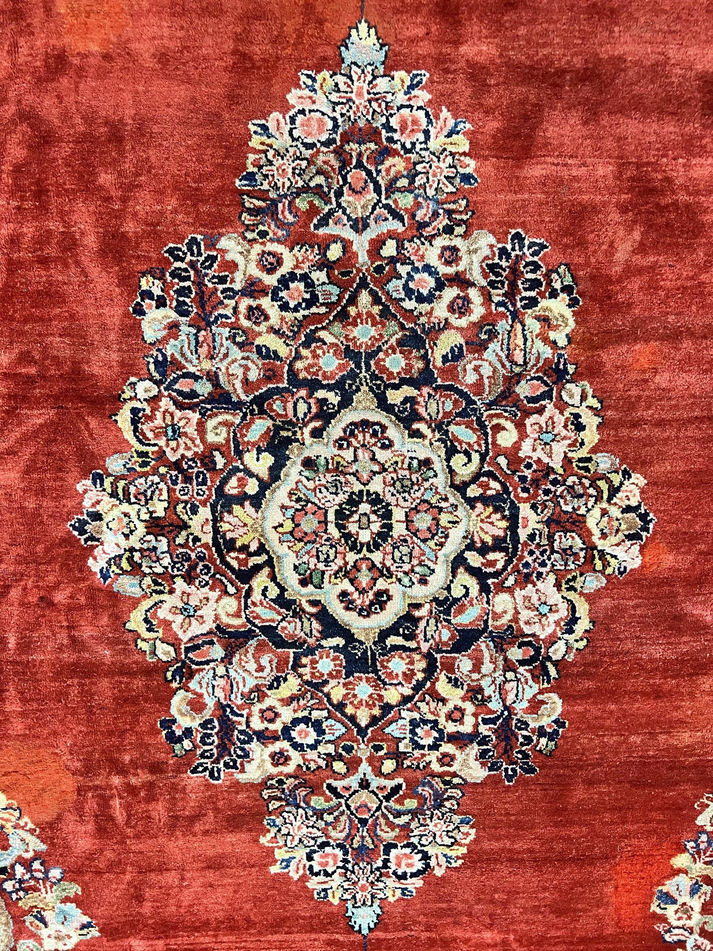 Persian Sarouk Rug 11x14, Semi Open Field, Large Antique Persian Wool Handmade Carpet, Red and Dark Blue, Floral