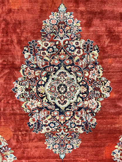 Persian Sarouk Rug 11x14, Semi Open Field, Large Antique Persian Wool Handmade Carpet, Red and Dark Blue, Floral