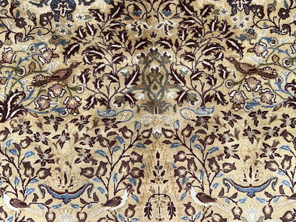 Pretty Indo Persian Rug 6x9, Allover Floral Motif with Birds, Tan/Cream, Very Fine Oriental Carpet, Hand Knotted Vintage Indian Wool Rug