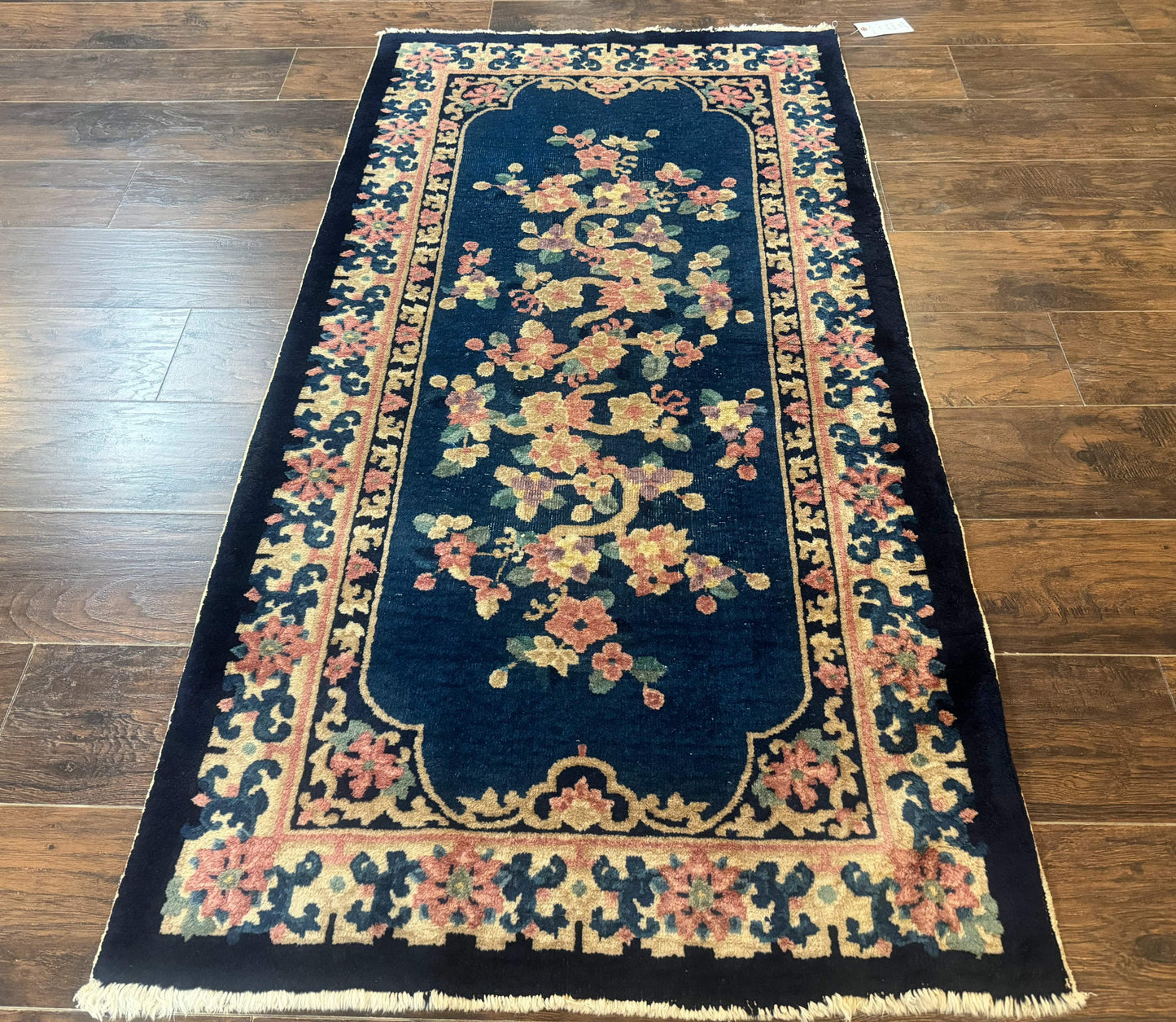 Blue And Beige Chinese Wool Rug 3x6 Peking Antique Hand Knotted Carpet