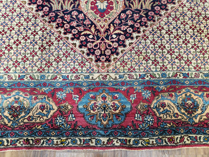Antique Persian Tehran Rug 5x8, Midnight Blue and Red, Hand-Knotted, Wool