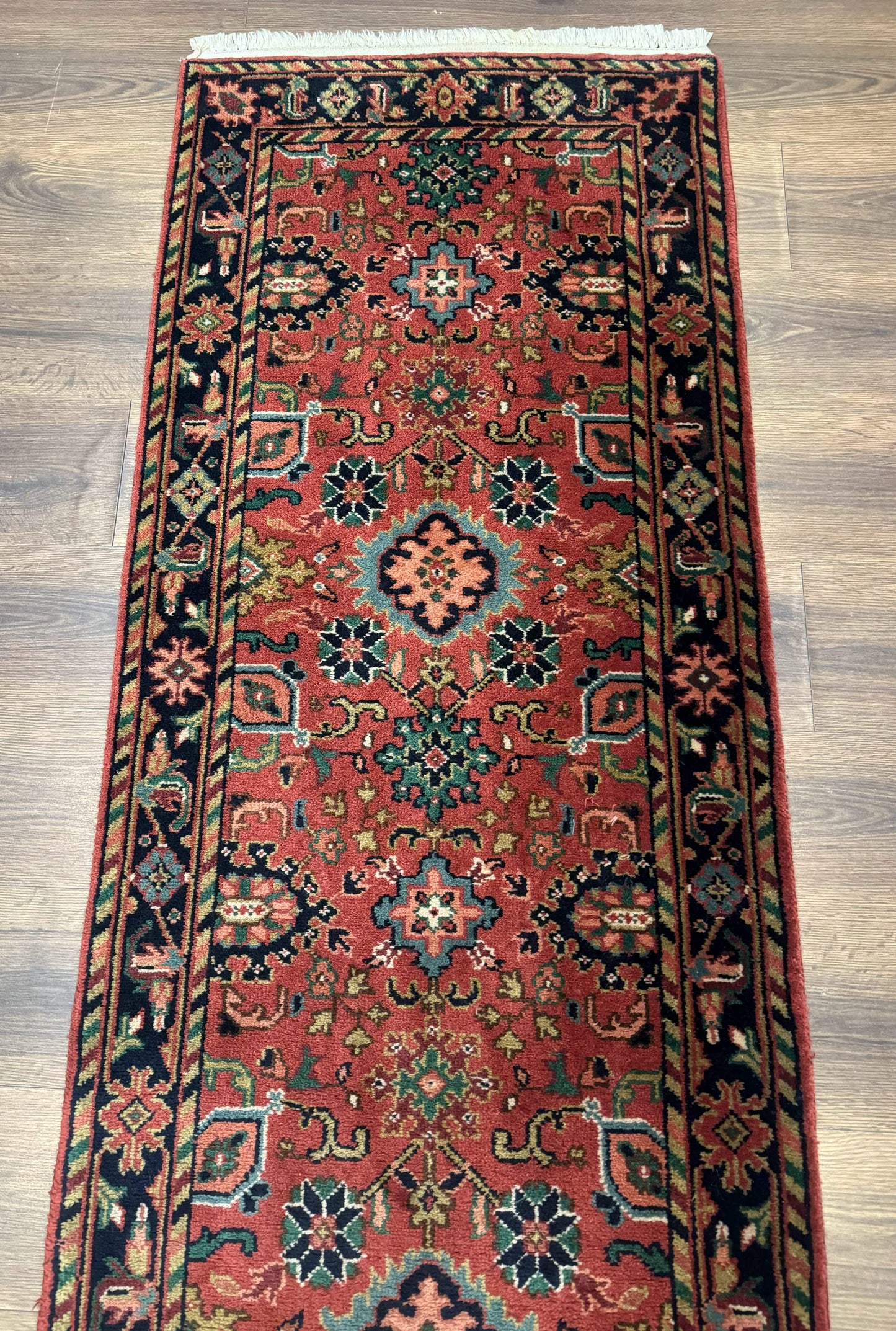 Indo Persian Heriz Runner Rug 2 x 12 ft, Hand Knotted Wool Hallway Rug, Red & Black