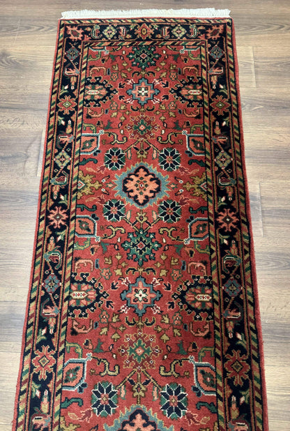Indo Persian Heriz Runner Rug 2 x 12 ft, Hand Knotted Wool Hallway Rug, Red & Black