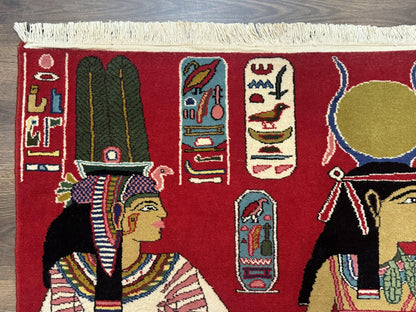 Egyptian Pictorial Rug 3x4, Hieroglyphic Pictorial Rug, Egyptian Prince and Princess, Cleopatra, Vintage Handmade, Red