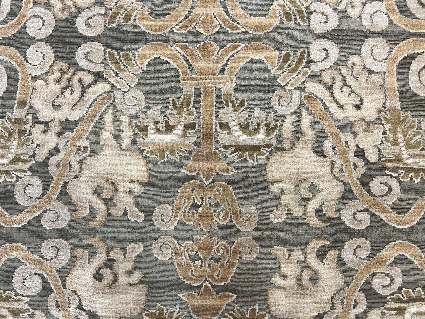 Spanish Wool Rug 11x14 Hand Knotted Vintage Floral Olive Green Beige European Design