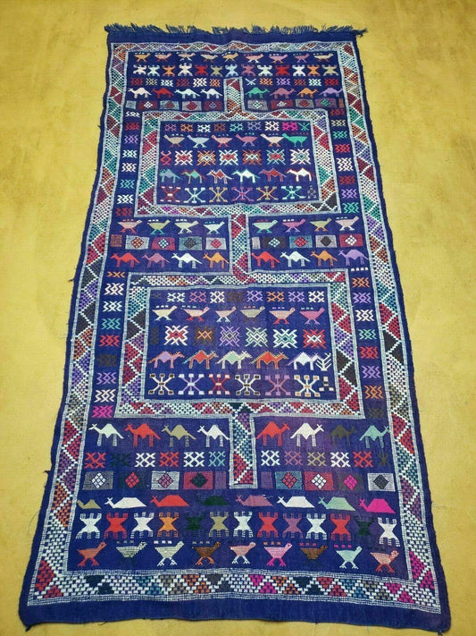 3' X 7' Vintage Handmade Indian Wool Kilim Flat weave Rug Camel Birds Blue Geometric Short Runner