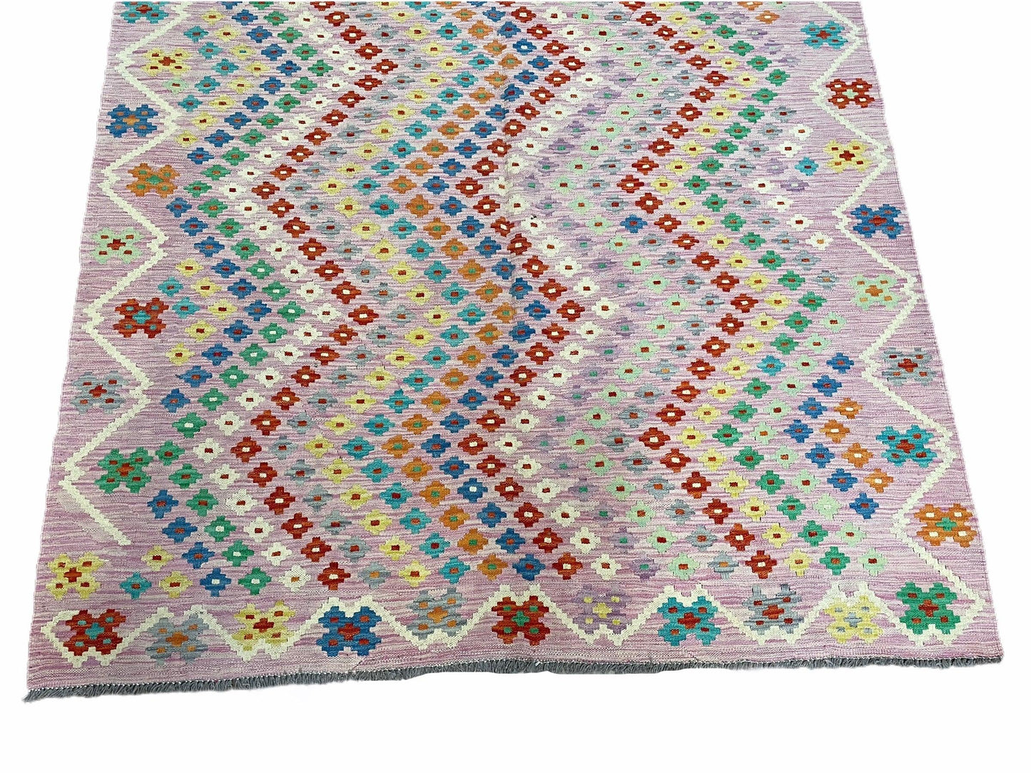 Kilim Rug 6x8 Pink Turkish Handwoven Flat Weave Chobi Multicolor
