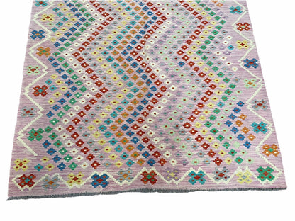 Kilim Rug 6x8 Pink Turkish Handwoven Flat Weave Chobi Multicolor