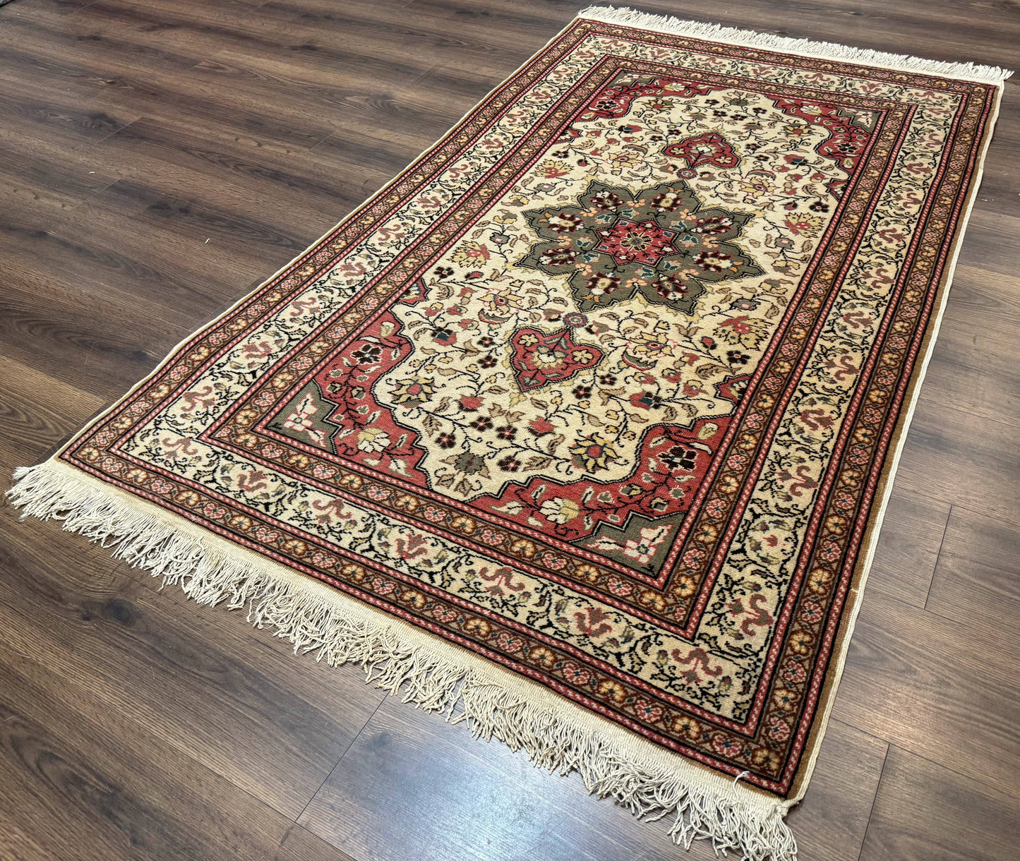 Turkish Sivas Rug 4x6, Floral Medallion, Beige Pink-Red Green, Handmade