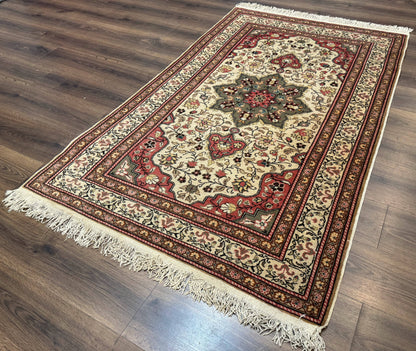 Turkish Sivas Rug 4x6, Floral Medallion, Beige Pink-Red Green, Handmade