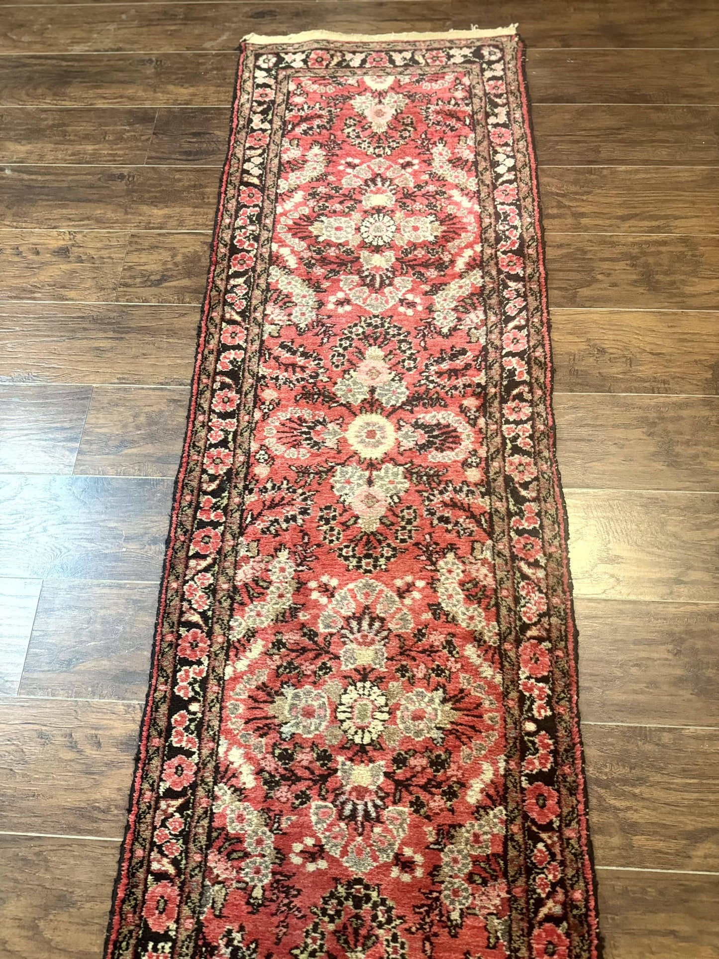 Persian Hamadan Runner Rug 2 x 13.6 – Red Floral Wool Hallway Carpet