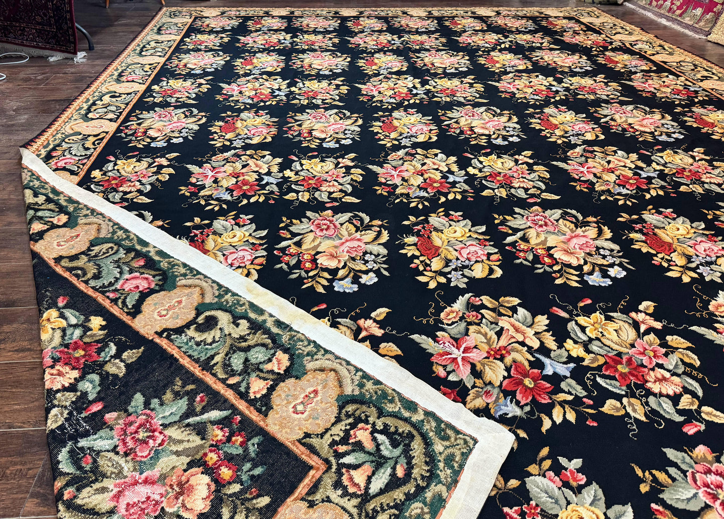 Palace Size Needlepoint Rug 12x16 Handmade Wool Floral Panel Black and Colorful